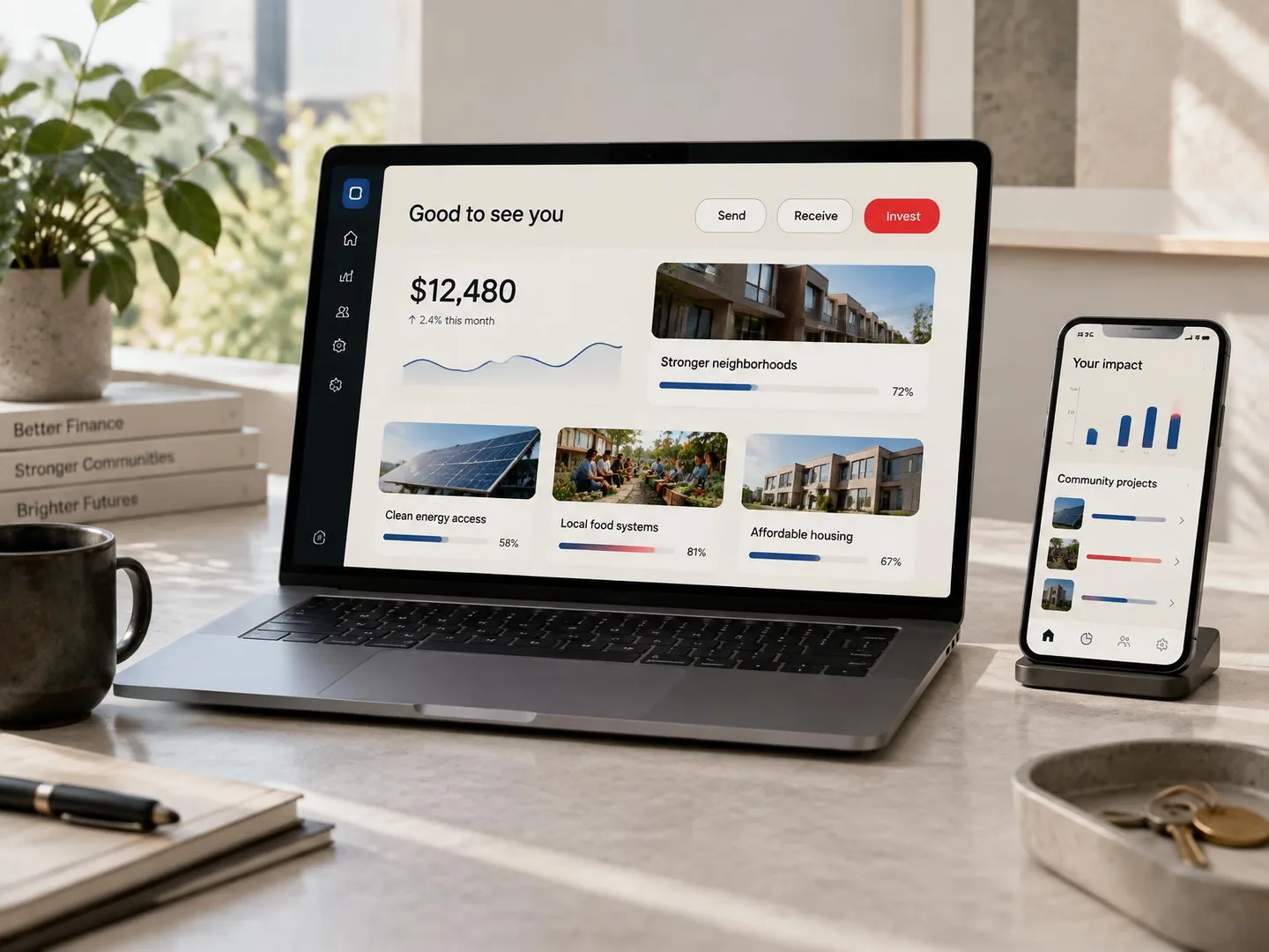 Concept community finance platform displayed on a laptop and phone