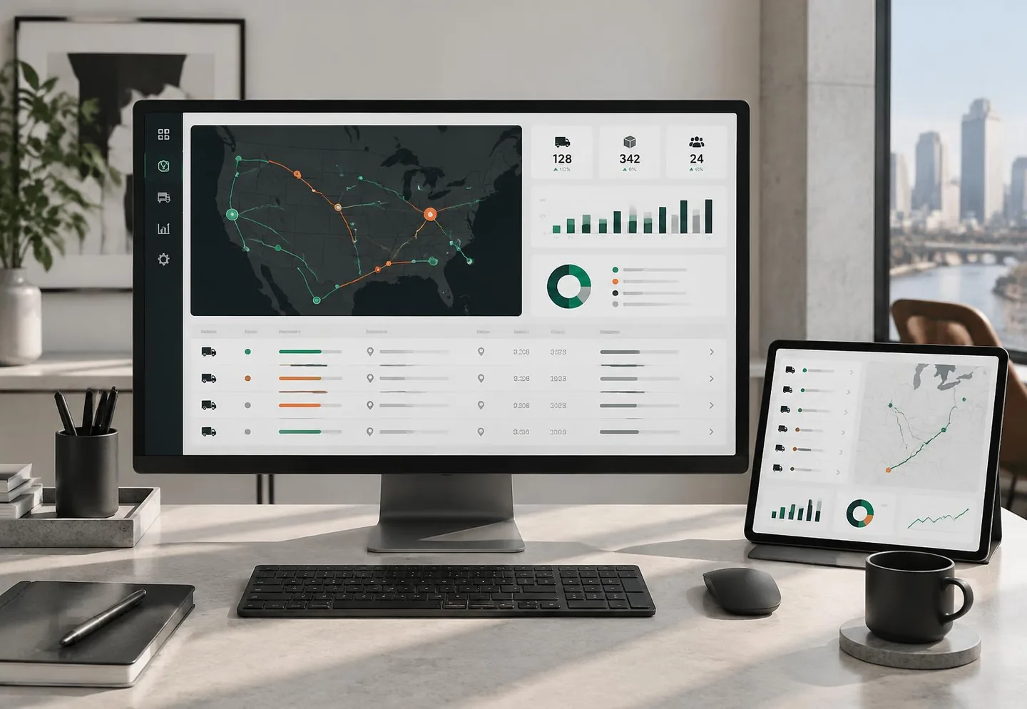 Concept logistics dashboard displayed on a desktop monitor and tablet