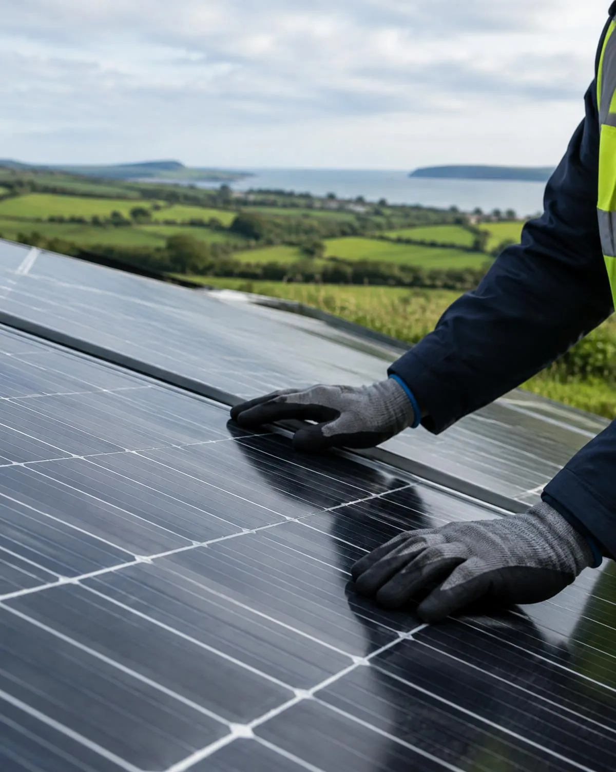 Representative close view of a technician inspecting solar panels