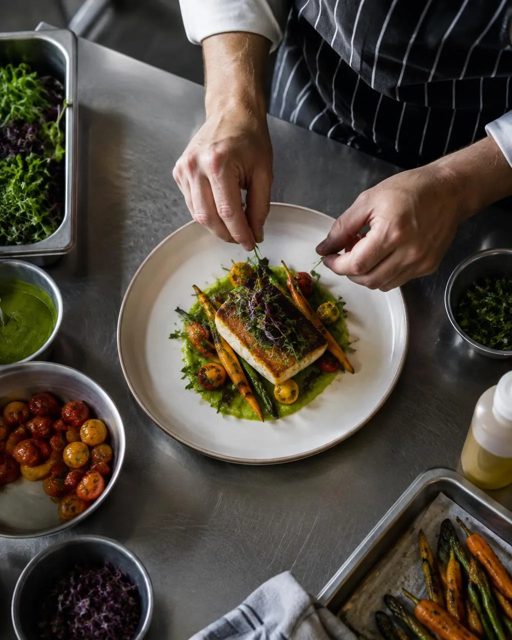 Chef finishing a plated dish in a working kitchen